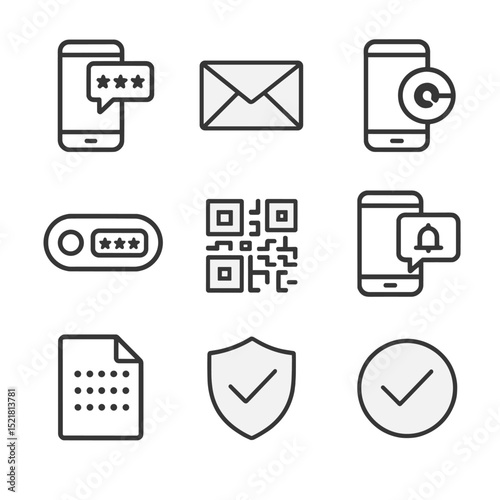 Two-Factor Icons Grid. Outline icon set of two-factor authentication flows: SMS code, email OTP, authenticator app, hardware token