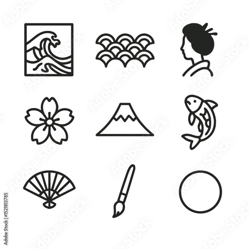 Ukiyo-e Icon Collection. Outline icon set of Japanese ukiyo-e prints: woodblock, wave pattern, geisha silhouette, cherry blossom,