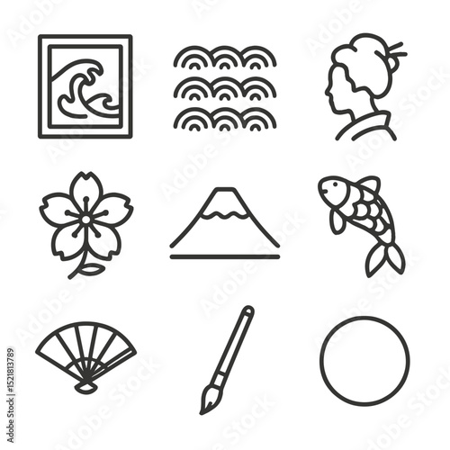Ukiyo-e Icon Collection. Outline icon set of Japanese ukiyo-e prints: woodblock, wave pattern, geisha silhouette, cherry blossom,