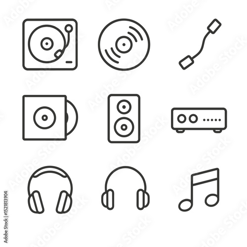 Vinyl Listening Icon Set. Outline icon set of vinyl listening experience: turntable, vinyl record, tonearm, stylus, record sleeve,
