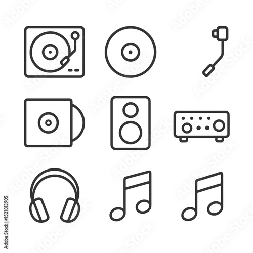 Vinyl Listening Icon Set. Outline icon set of vinyl listening experience: turntable, vinyl record, tonearm, stylus, record sleeve,