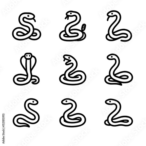 Venomous Snakes Icons. Outline icon set of venomous snakes: viper, rattlesnake, taipan, cobra, cottonmouth, mamba, sea snake,