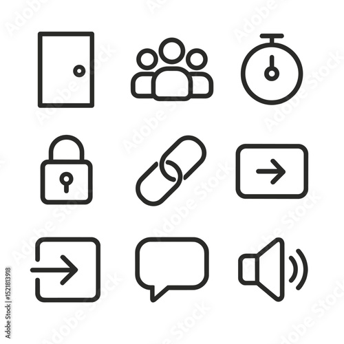 Virtual Room Icons. Outline icon set of virtual breakout room functions: door icon, group of avatars, countdown timer, lock symbol
