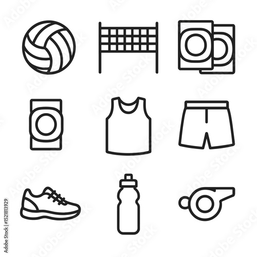 Volleyball Gear Icons. Outline icon set of volleyball equipment: volleyball, net, knee pads, elbow pad, jersey, shorts, athletic