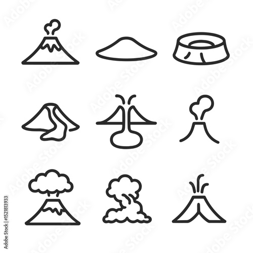 Volcano Icon Set. Outline icon set of volcanism at plate margins: stratovolcano, shield volcano, caldera, lava flow, magma chamber