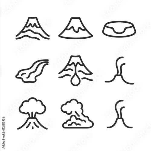 Volcano Icon Set. Outline icon set of volcanism at plate margins: stratovolcano, shield volcano, caldera, lava flow, magma chamber