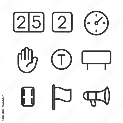 Volleyball Scoreboard Icons. Outline icon set of volleyball scoreboard elements: point counter, set counter, timer, foul indicator