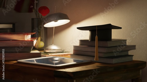 A library table features stacked books and a graduation cap with a tassel, illuminated by a soft lamp. An iPad rests nearby, creating a focused atmosphere for study