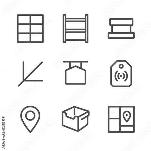 Warehouse Icon Set. Outline icon set of storage location assignment: shelving unit, rack, bin label, floor marking, aisle sign,