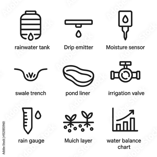 Water Conservation Icons. Outline icon set of water conservation techniques: rainwater tank, drip emitter, moisture sensor, swale