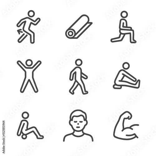 Warm-Up Icons Set. Outline icon set of warm-up and cooldown: dynamic stretch icon, yoga mat, lunges silhouette, jumping jacks,