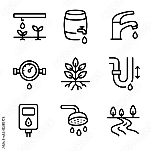 Water Conservation Icons. Outline icon set of water conservation: drip irrigation, rain barrel, low-flow faucet, water meter,