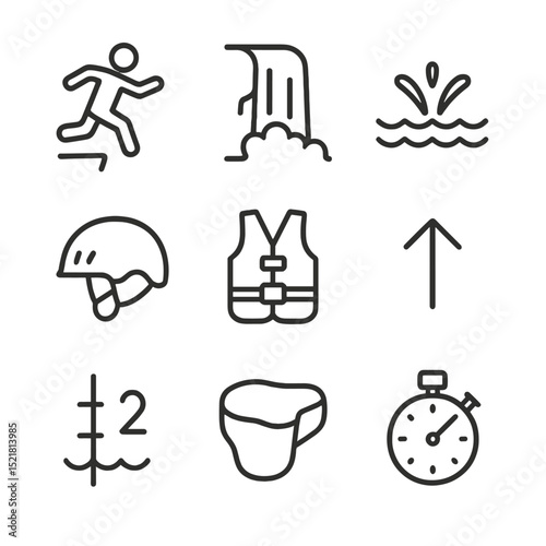 Waterfall Jump Icons. Outline icon set of waterfall jumps in canyons: person mid-jump, waterfall edge, splash pool, safety helmet,