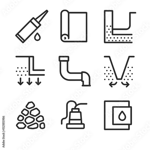 Waterproofing Icon Grid. Outline icon set of waterproofing installation: sealant, membrane, foundation, drainage, pipe, trench,