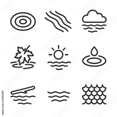 Water Ripple Icons. Outline icon set of water surface ripples and reflections: concentric ripple, diagonal ripple, cloud