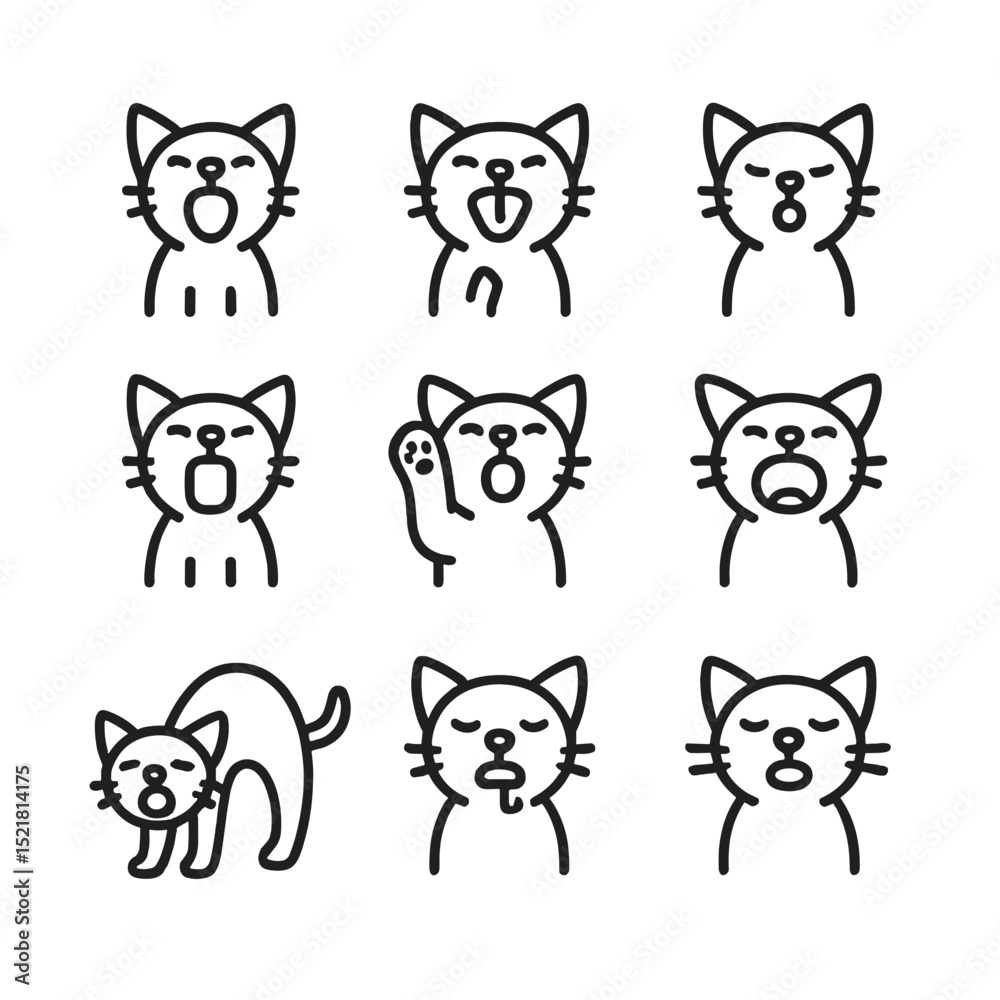 Fototapeta premium Yawning Kitten Icons. Outline icon set of kitten yawning moments: open mouth, tongue curl, squinted eyes, stretched jaw, paw lift,