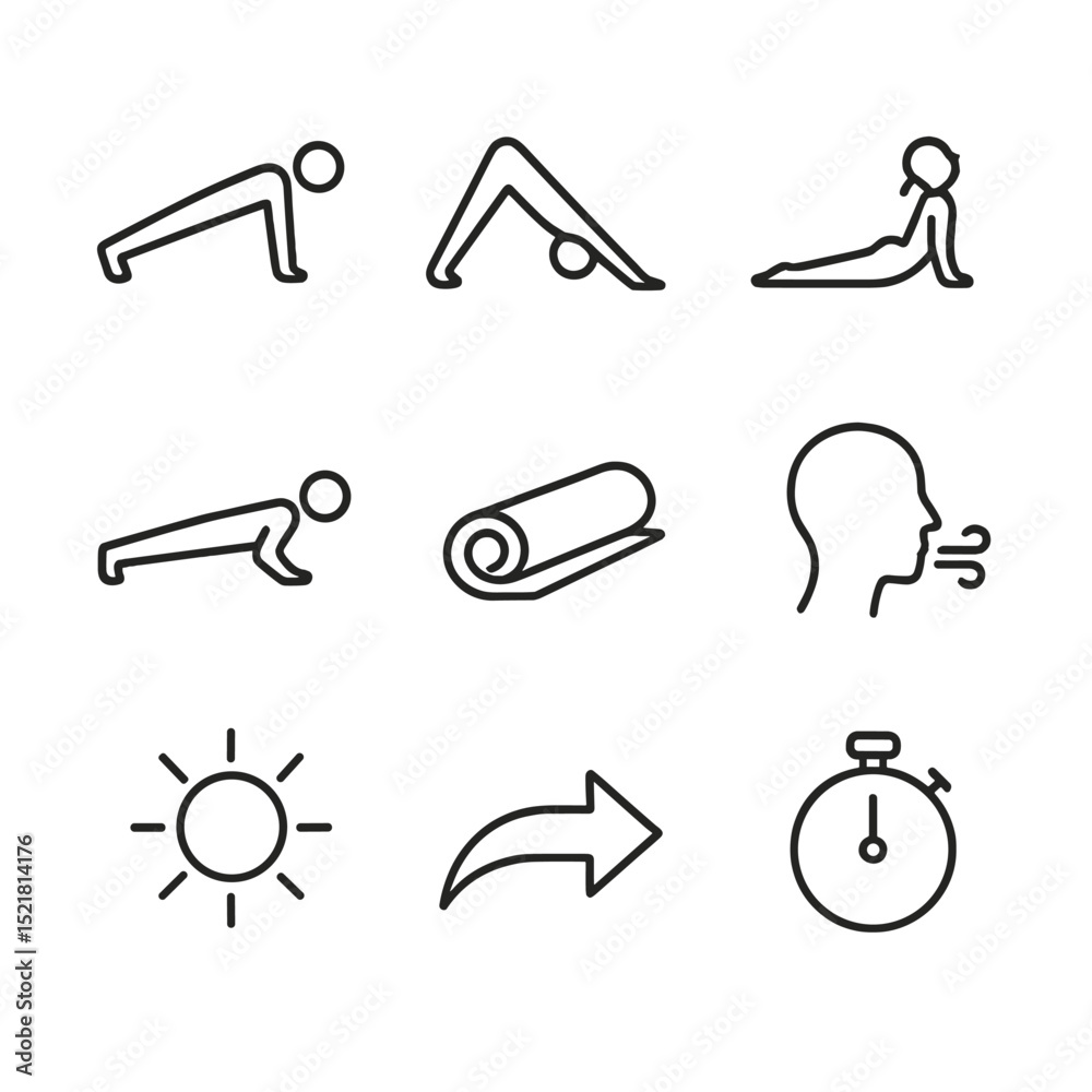 Yoga Icon Set. Outline icon set of plank in yoga flow: high plank, downward dog arrow, upward dog arrow, chaturanga silhouette, Yoga Icon Set. Outline icon set of plank in yoga flow: high plank, downward dog arrow, upward dog arrow, chaturanga silhouette,