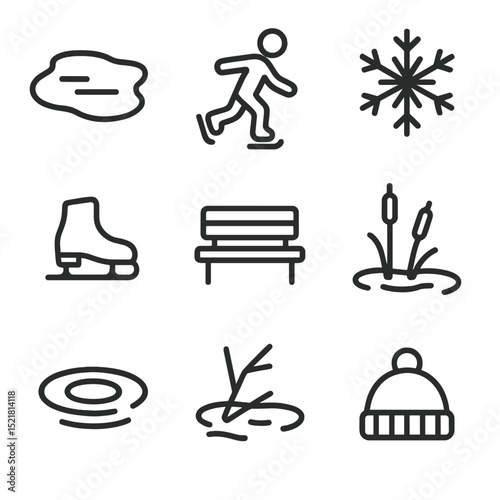 Winter Icon Set. Outline icon set of frozen pond and ice skaters: ice pond, skater silhouette, skate blade, snowflake, bench,