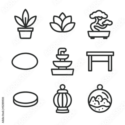 Workspace Nature Icons. Outline icon set of natural elements in workspace: potted plant, succulent, bonsai tree, pebble, water