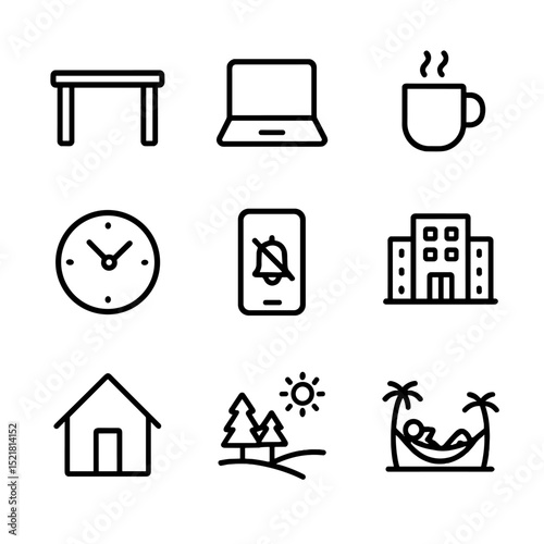 Work-Life Balance Icons. Outline icon set of quiet quitting & work-life balance: desk, laptop, coffee cup, clock, phone, office