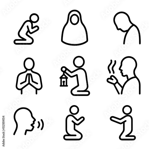 Worship Icon Set. Outline icon set of worshipper figures: kneeling silhouette, hooded figure, bowed head, clasped hands, lantern
