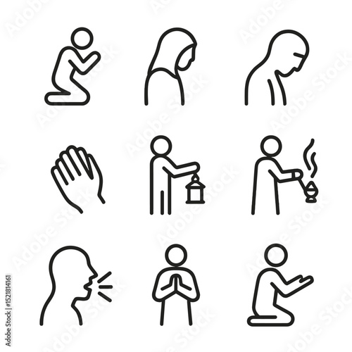 Worship Icon Set. Outline icon set of worshipper figures: kneeling silhouette, hooded figure, bowed head, clasped hands, lantern