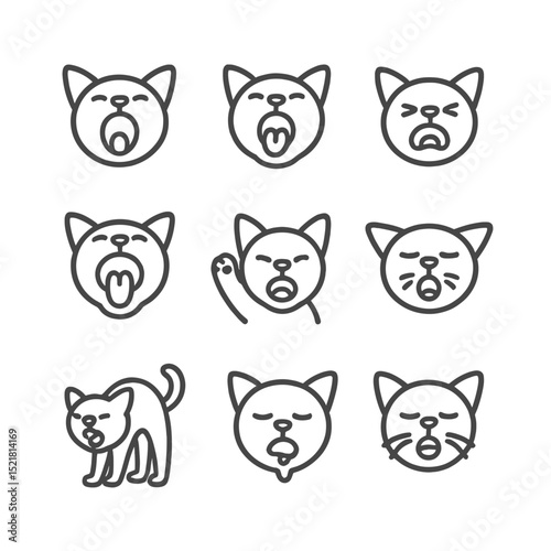Yawning Kitten Icons. Outline icon set of kitten yawning moments: open mouth, tongue curl, squinted eyes, stretched jaw, paw lift,
