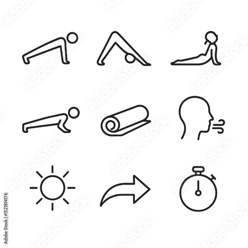 Yoga Icon Set. Outline icon set of plank in yoga flow: high plank, downward dog arrow, upward dog arrow, chaturanga silhouette,