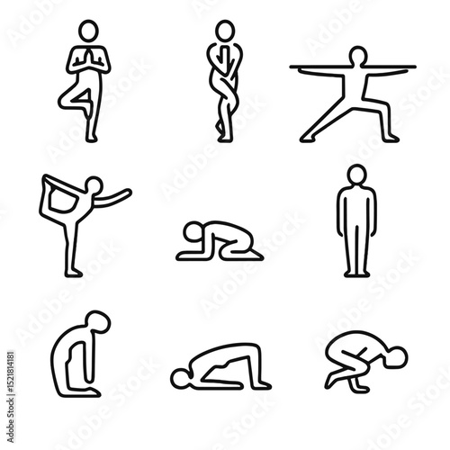 Yoga Pose Icons. Outline icon set of reflective yoga asanas: tree pose, eagle pose, warrior II, dancer pose, child’s pose,