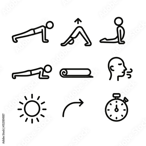 Yoga Icon Set. Outline icon set of plank in yoga flow: high plank, downward dog arrow, upward dog arrow, chaturanga silhouette,