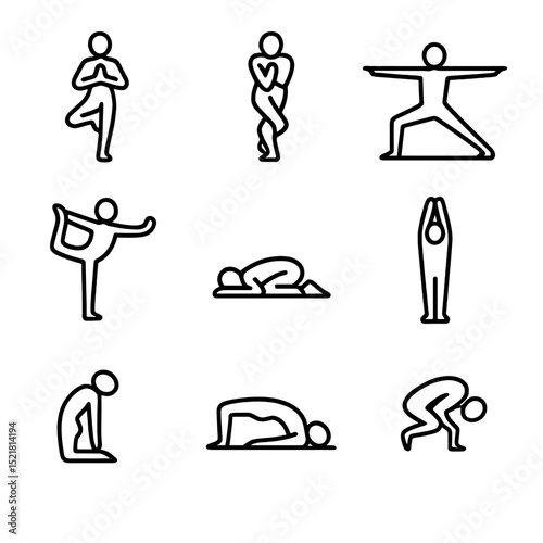 Yoga Pose Icons. Outline icon set of reflective yoga asanas: tree pose, eagle pose, warrior II, dancer pose, child’s pose,