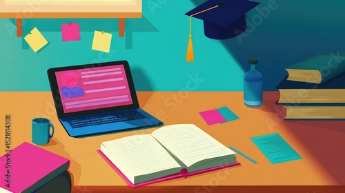 A vibrant modern workspace showcases an open laptop and tablet, surrounded by books and study materials. A cup and a bottle of water complete the setup, evoking focus and productivity
