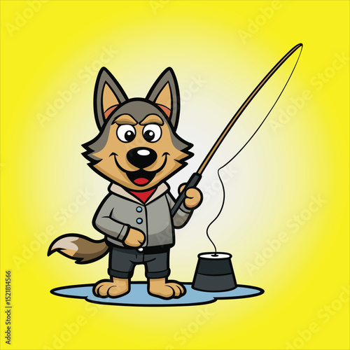 Cute Belgian Shepherd Fishing Cartoon