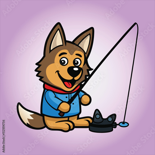 Cute Belgian Shepherd Fishing Cartoon