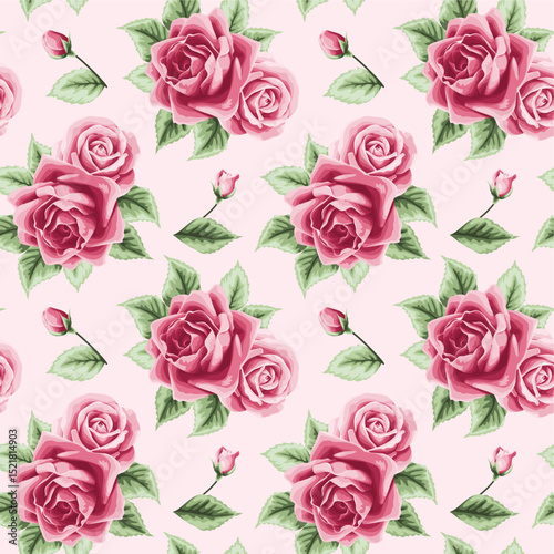 Deep Pink Roses and Buds Seamless Floral Pattern