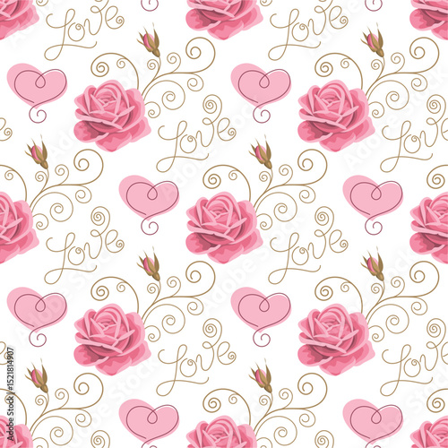 Romantic Pink Roses Hearts Love Lettering Seamless Pattern