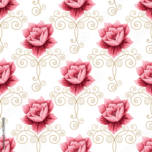 Pink Roses and Golden Swirls Elegant Seamless Floral Pattern