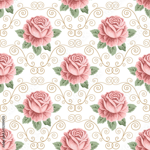Pink Roses and Elegant Gold Swirls Seamless Pattern