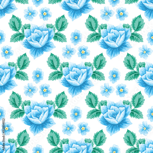 Blue Roses and Small Flowers Seamless Floral Pattern