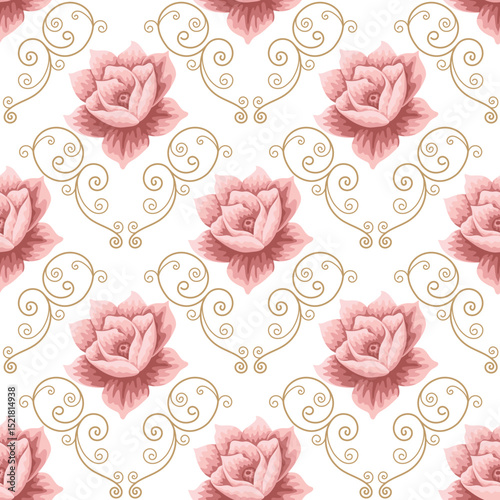 Seamless vintage floral pattern with pink lotus and golden swirls