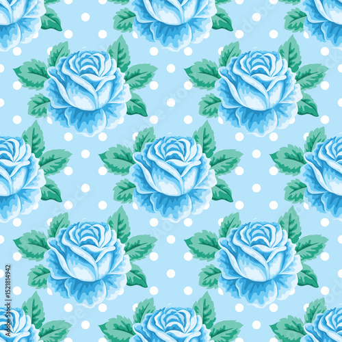 Blue Roses and White Polka Dots Seamless Pattern