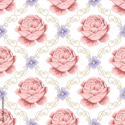 Pink Peonies and Lavender Flowers with Gold Swirls Pattern