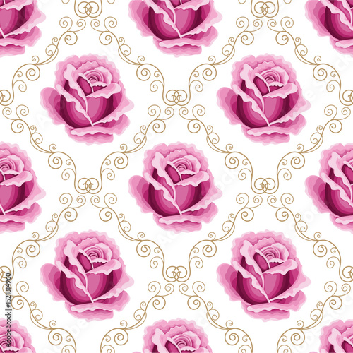 Deep Pink Roses and Gold Filigree Seamless Pattern