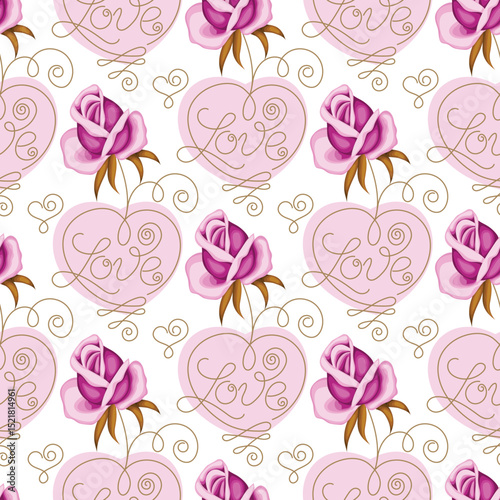 Romantic Pink Roses Hearts Love Text Seamless Pattern