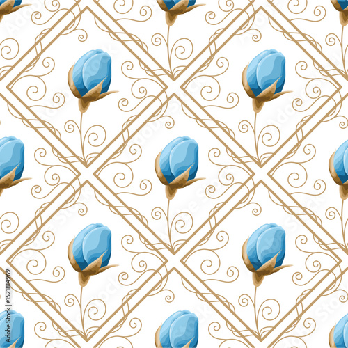 Blue Flower Buds and Gold Swirls Diamond Seamless Pattern