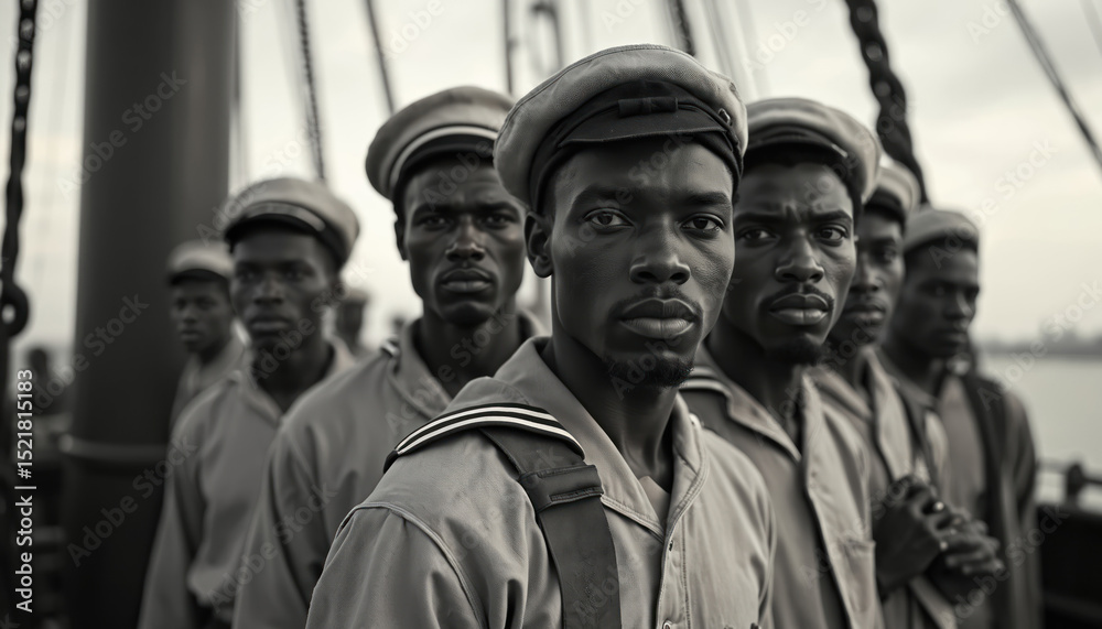 Fototapeta premium Vintage black-and-white photo African American sailors on ship. Portrait of determined men in uniform on deck. Historic image reflects maritime heritage, crew. Concept of teamwork, strength. Symbol