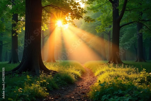 Serene woodland scene at golden hour, sunbeams filtering through lush canopy, dappled light on forest floor, tranquil atmosphere , shadows, majestic