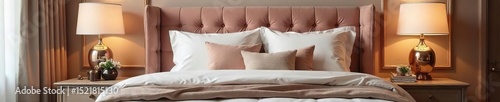 Luxurious bedroom with plush velvet headboard, soft bedding, and elegant nightstands Perfect for interior design, home decor, and real estate marketing , fabrics, design, lifestyle