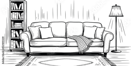 Drawing of a living room with a couch, bookcase, lamp, and rug in monochrome