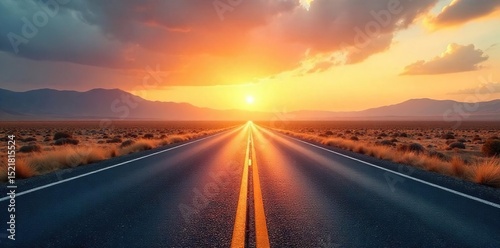 Endless asphalt ribbon vanishing into a hazy horizon, sun-drenched landscape stretching towards the distant horizon Perfect for travel, adventure, and freedom concepts , trees, heat haze, mountains